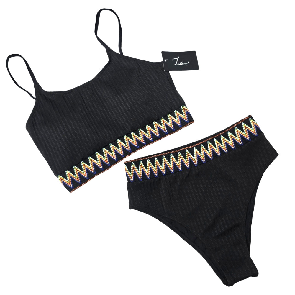 Black Ribbed High Waist Bikini Set M Embroidered Chevron 2 Piece Swimsuit NWT